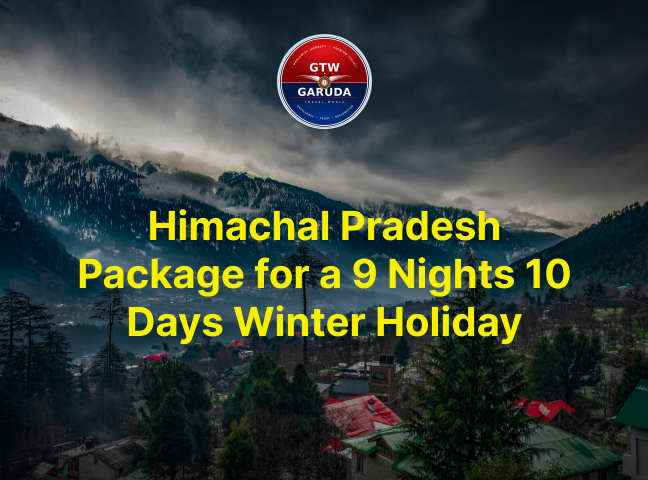 Snowy mountain landscape with pine trees and buildings, overlaid with yellow text advertising a 9-night, 10-day Himachal Pradesh winter holiday package.