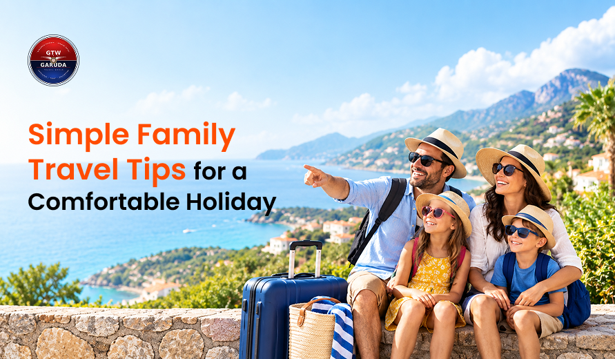 Happy family of four wearing hats and sunglasses, sitting with luggage by a coastal view, with text about simple family travel tips.