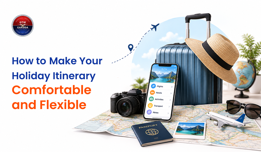A suitcase, hat, camera, phone with travel app, passport, map, sunglasses, and model airplane arranged on a table to depict travel planning.