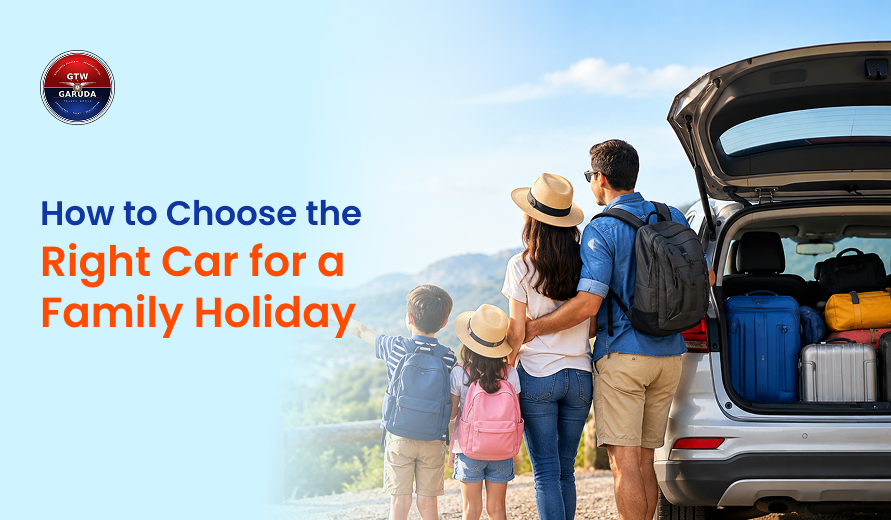 Family with children loading luggage into a car for a road trip, illustrating how to choose the right car for a family holiday.