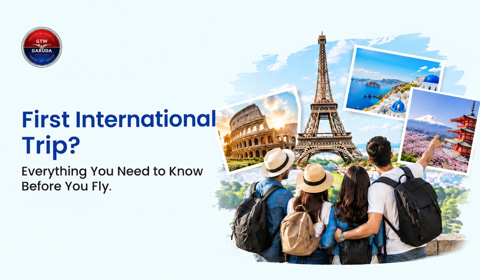 International trip packages graphic with travelers viewing photos of the Eiffel Tower, Colosseum, Santorini, and Mount Fuji.