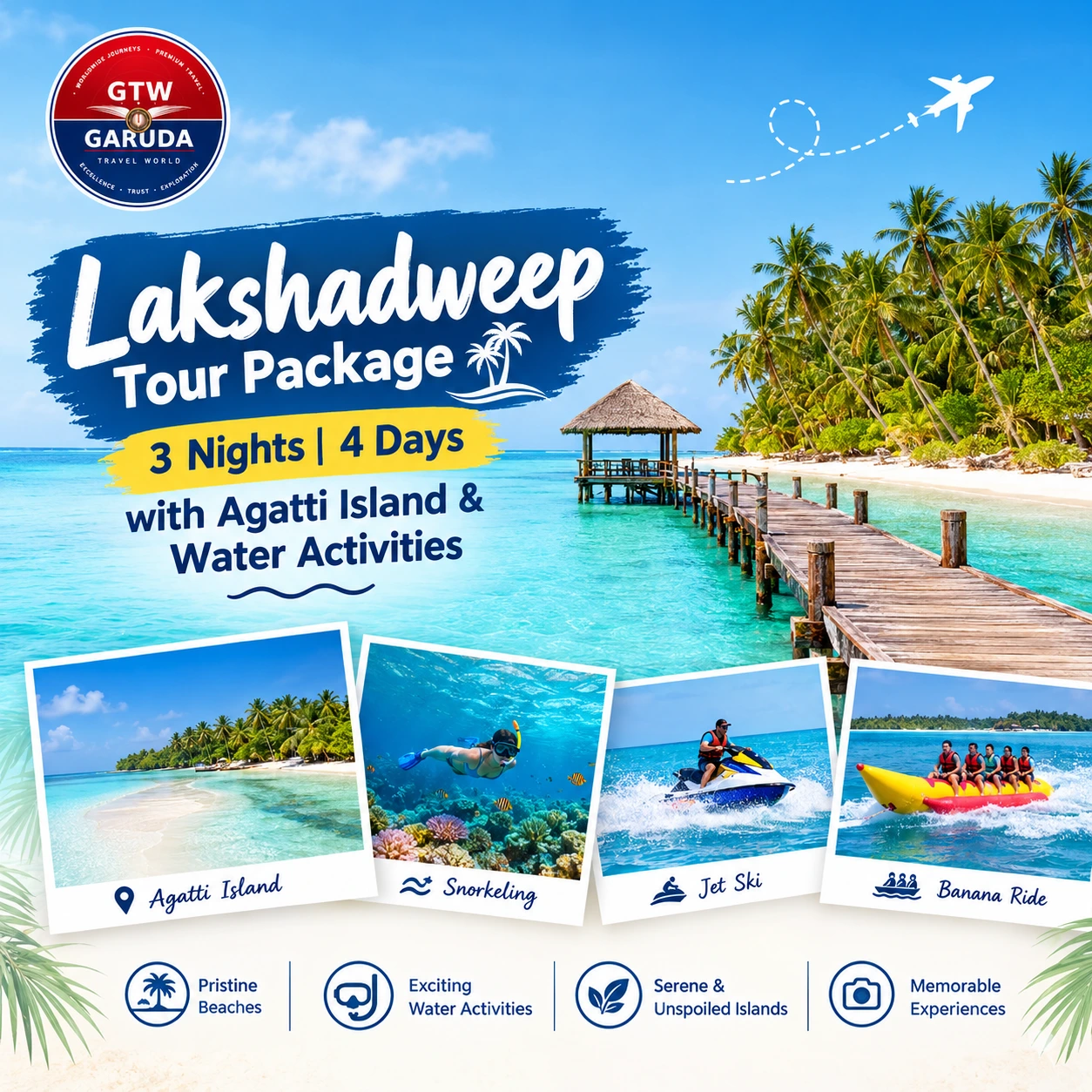 Travel poster for a Lakshadweep tour package: 3 nights, 4 days with Agatti Island, snorkeling, jet skiing, and banana boat rides.