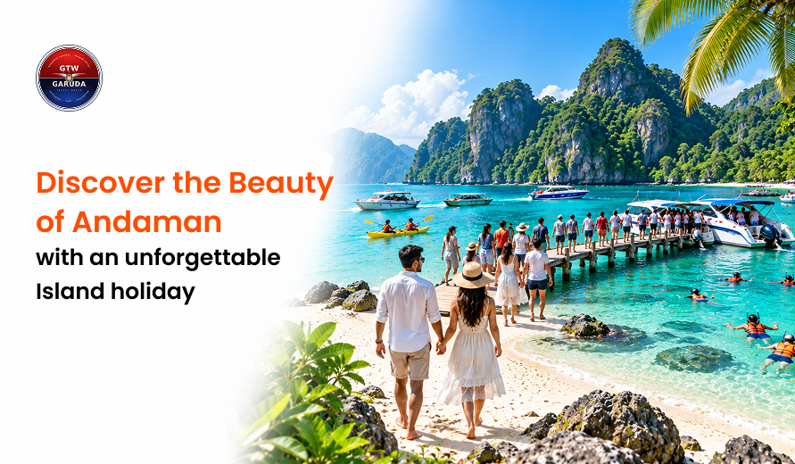 Promotional banner for an Andaman island holiday, showing a couple walking toward a turquoise beach with boats, tourists, and lush limestone cliffs.